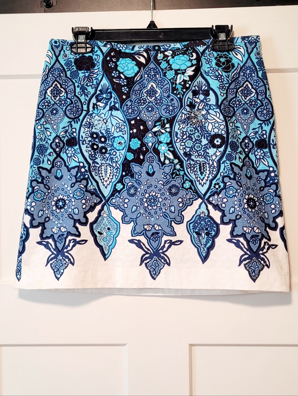 Ann Taylor Womens Pencil Skirt Sz 8p Jacquard Floral Sequins Blue Boho Coastal
